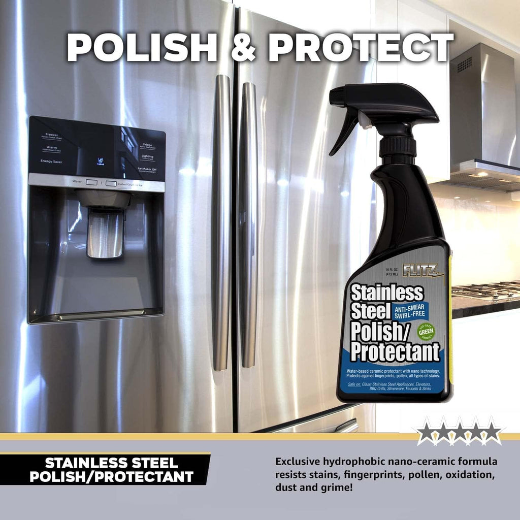 Flitz Stainless Steel Polish Protectant - 16oz Bottle, USA-Made Ceramic Coating for Stainless Steel Appliances, Repels Fingerprints & Water Spots - Aluminum & Chrome Polish & Protectant (3 Pack)