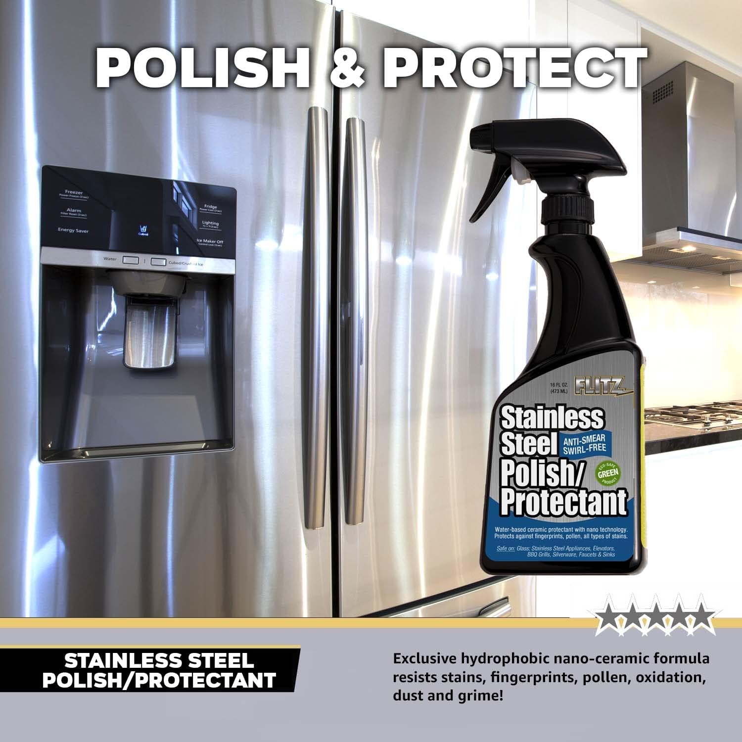 Flitz Stainless Steel Polish Protectant - 16oz Bottle, USA-Made Ceramic Coating for Stainless Steel Appliances, Repels Fingerprints & Water Spots - Aluminum & Chrome Polish & Protectant (3 Pack)