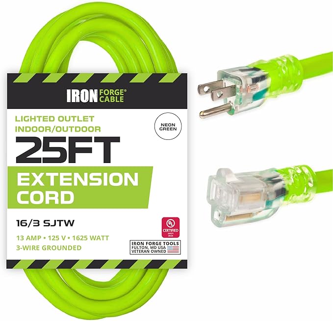 Iron Forge Cable Weatherproof 25 Ft Outdoor Extension Cord - 16/3 SJTW 13 Amp Heavy Duty Neon Green High Visibility Cable with 3 Prong - Lighted End