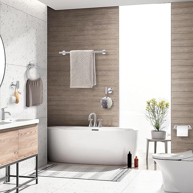 TQKAG Brushed Nickel 5 Piece Bathroom Hardware Accessories Set 23.6" SUS304 Stainless Steel Bathroom Towel Bar Holder Sets Double Post Pivoting Toilet Paper Holder Set Wall Mounted