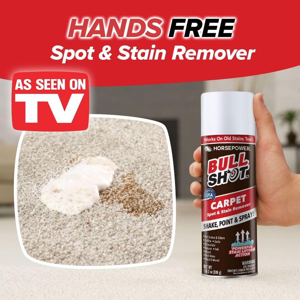 Bull Shot Carpet Spot & Stain Remover by Horsepower, AS SEEN ON TV, Made In USA, Just Point & Spray, Stain-Lifting Foam-Action, Pet Stains & Odors, Coffee, Soda, Wine, Grease, New & Old Stains & More