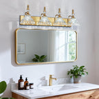 Vintage Bathroom Vanity Light, 4-Light Brass Vanity Lighting Fixture with Flower Glass Shade, Bathroom Lighting Fixtures Over Mirror