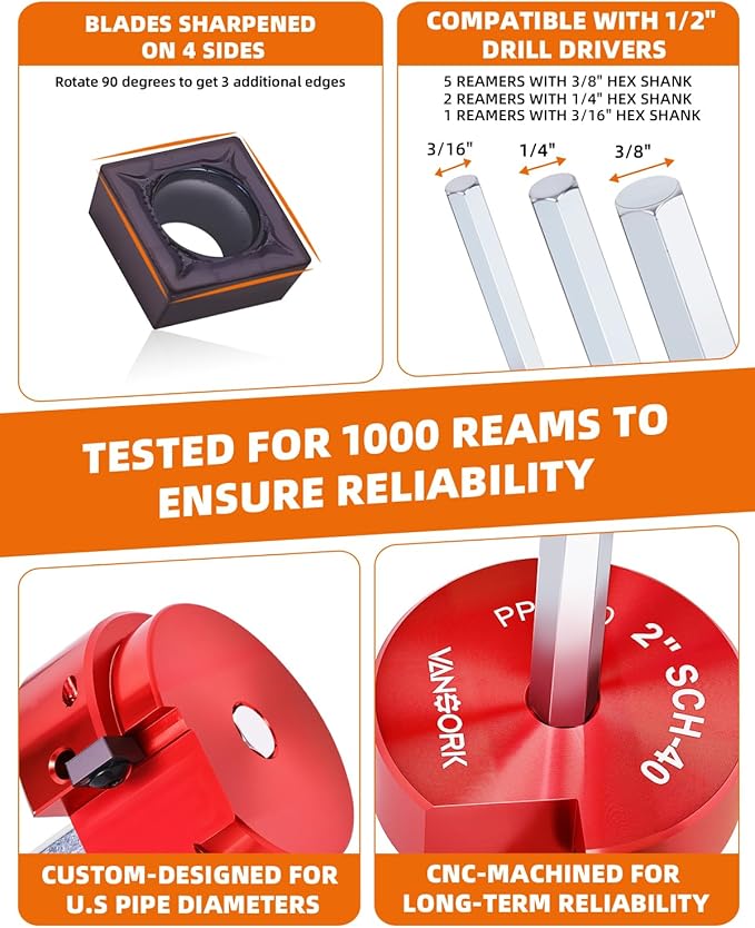 8 Pieces PVC Pipe Reamer Kit with 1/2 inch, 3/4 inch, 1 inch, 1-1/4inch, 1-1/2inch, 2inch, 3inch, 4inch, Aluminum PVC Fitting Saver, Plumbing Tools for SCH40, Fit into Standard 1/2" Drills