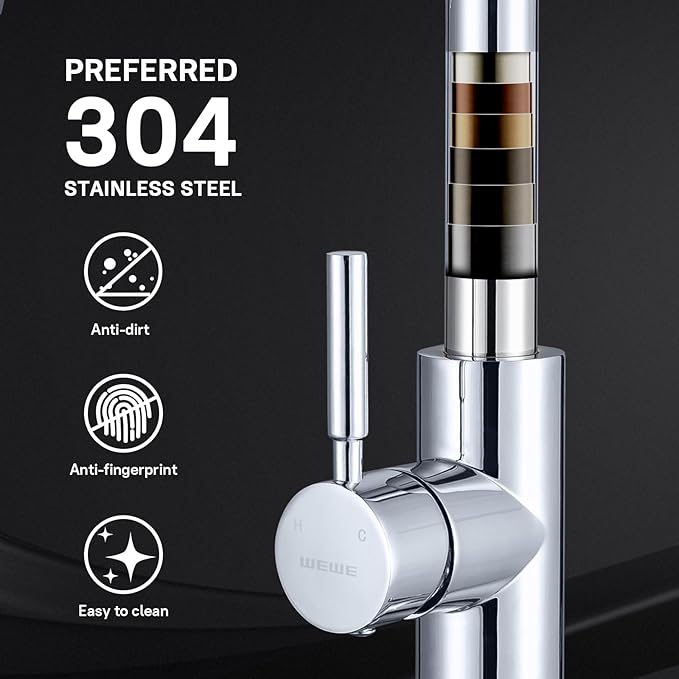 WEWE Sink Faucet, Pull Down Kitchen Faucet with Sprayer Low Lead Commercial Modern Stainless Steel rv Farmhouse Kitchen Faucet Single Handle 1 or 3 Hole Kitchen Sink Faucet, Polished Chrome