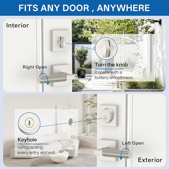Amerdeco Front Door Lock Set with Double Cylinder Deadbolt, Exterior Entry Door Lever, Heavy Duty Entry Door Locksets for Left or Right Hand Exterior Door（Brushed Satin Nickel 1 Pack）