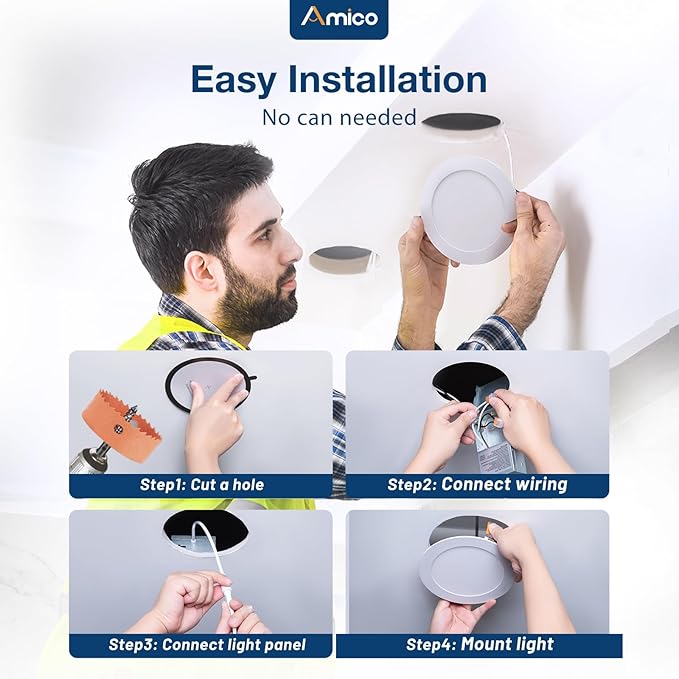 Amico 12 Pack 8 Inch 5CCT Ultra-Thin LED Recessed Ceiling Light with Junction Box, 2700K/3000K/3500K/4000K/5000K Selectable, 18W Eqv 125W, Dimmable Canless Wafer Downlight, 1600LM High Brightness -ETL