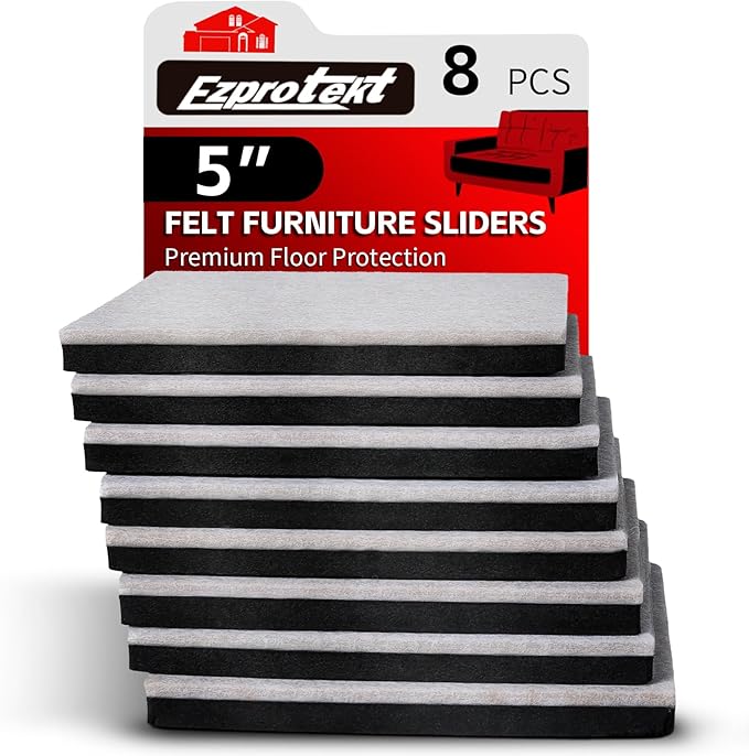 Ezprotekt 5" Square Felt Furniture Movers Sliders for Hardwood Floors, 8 Pcs Reusable Felt Furniture Moving Pads for Heavy Duty Bed Sofa Fridge Couch, Move Item Easily and Quickly (Beige)