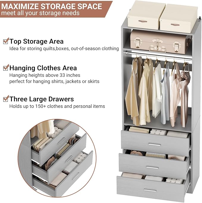 Closet System Set of 4, 8FT Closet Systems with 12 Wood Drawers, 96" Closet Organizer System with 4 Hanging Rods & 4 Shelves, Heavy Duty 96 Inch Walk-in Closet, Grey (96"L x 15" W x 80" H)