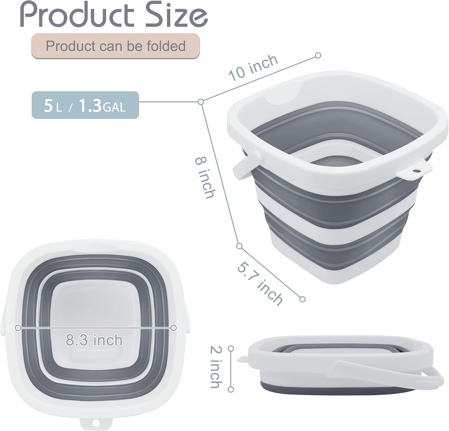 Small Collapsible Bucket, 1.4Gal/5L BPA-Free - Foldable Water Pail for Car Washing, Camping, Beach - Portable Lightweight Storage for Outdoor, RV, Travel (Grey)