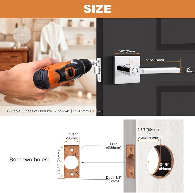 Probrico Polished Chrome Privacy Door Handle Lockset Heavy Duty Square Interior Door Lever for Bedroom or Bathroom Reversible Keyless Handleset Door Knob Slim Handed Levers, 10 Pack