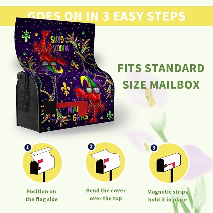 Mardi Gras Mailbox Cover Magnetic Standard Size 21x18 Inch Crawfish Carnival Beads Mailbox Covers Letter Box Wraps for Holiday Outdoor Garden Yard Decor