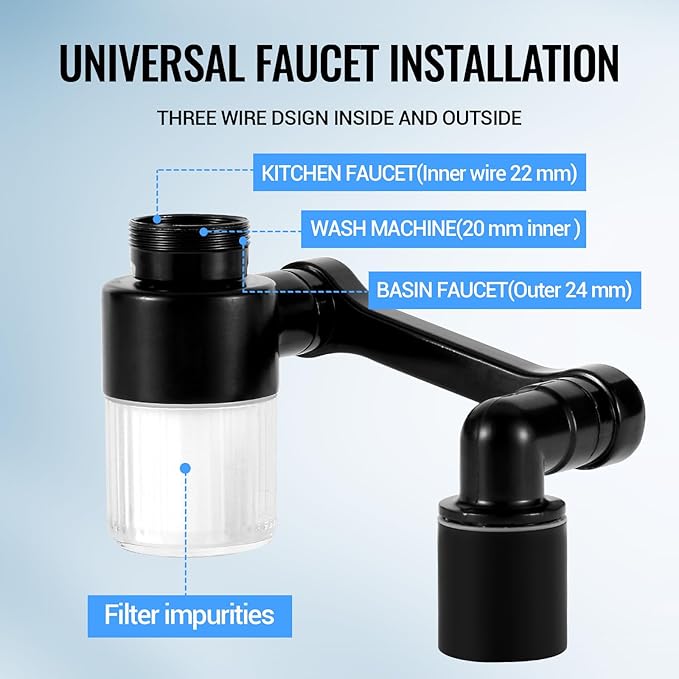1080° Swivel Tap Extension, Swivel Robot Arm Bathroom Tap Extension, Kitchen Swivel Extension Filter with 2 Mode Splash Proofing (Extender with filter, Black)