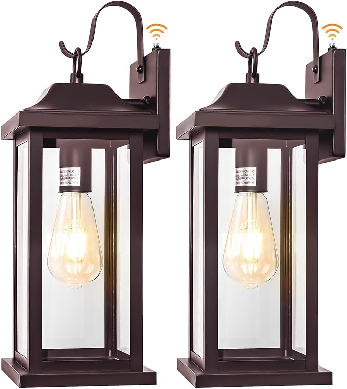 Dusk to Dawn Outdoor Wall Sconces Bronze 2-Pack 17 Inch Large, IP65 Waterproof Exterior Light Fixtures Porch Lights Brown with Clear Tempered Glass E26 Outdoor Light Fixture Anti-Rust