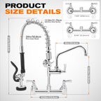 21" Height Commercial Faucet with Sprayer, 8" Adjustable Center & 8" Add-on Swing Spout, Wall Mount Pre Rinse Commercial Sink Faucet for Commercial Restaurant Industrial Kitchen