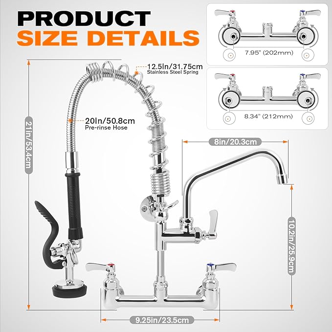 21" Height Commercial Faucet with Sprayer, 8" Adjustable Center & 8" Add-on Swing Spout, Wall Mount Pre Rinse Commercial Sink Faucet for Commercial Restaurant Industrial Kitchen