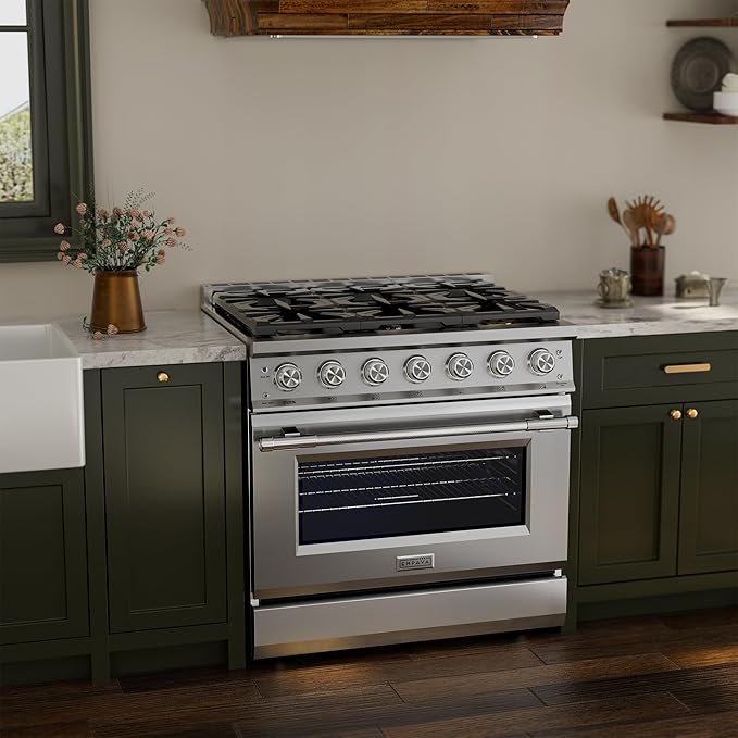 Empava 36 Inch Professional Gas Range with Convection Oven, 6 Sealed Burners (103,000 BTU Total), Wok Burner, Telescopic Racks, Porcelain Cooktop, Stainless Steel Stove, ETL Certified