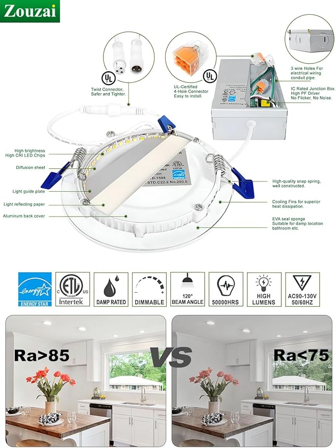 zouzai 20 Pack 6 Inch Ultra-Thin LED Recessed Ceiling Light with Junction Box 5000K Daylight Adjustable Dimmable Can-Killer Downlight - ETL and Energy Star Certified