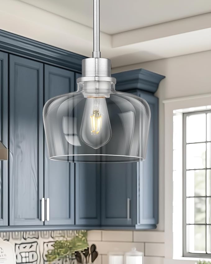 Emak 8 Inch Clear Glass Pendant Lights Kitchen Island, 2 Pack Brushed Nickel Pendant Light Fixtures, Modern Island Lights for Kitchen, Dining Room, Bar, PL122-BN-CG-2PK