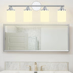 Chrome Bathroom Light Fixtures,4-Light Chrome Vanity Lights,Chrome Bathroom Lights Over Mirror,Mid-Century Modern Sconce with Frosted Glass