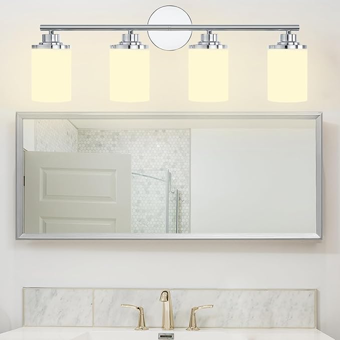 Chrome Bathroom Light Fixtures,4-Light Chrome Vanity Lights,Chrome Bathroom Lights Over Mirror,Mid-Century Modern Sconce with Frosted Glass