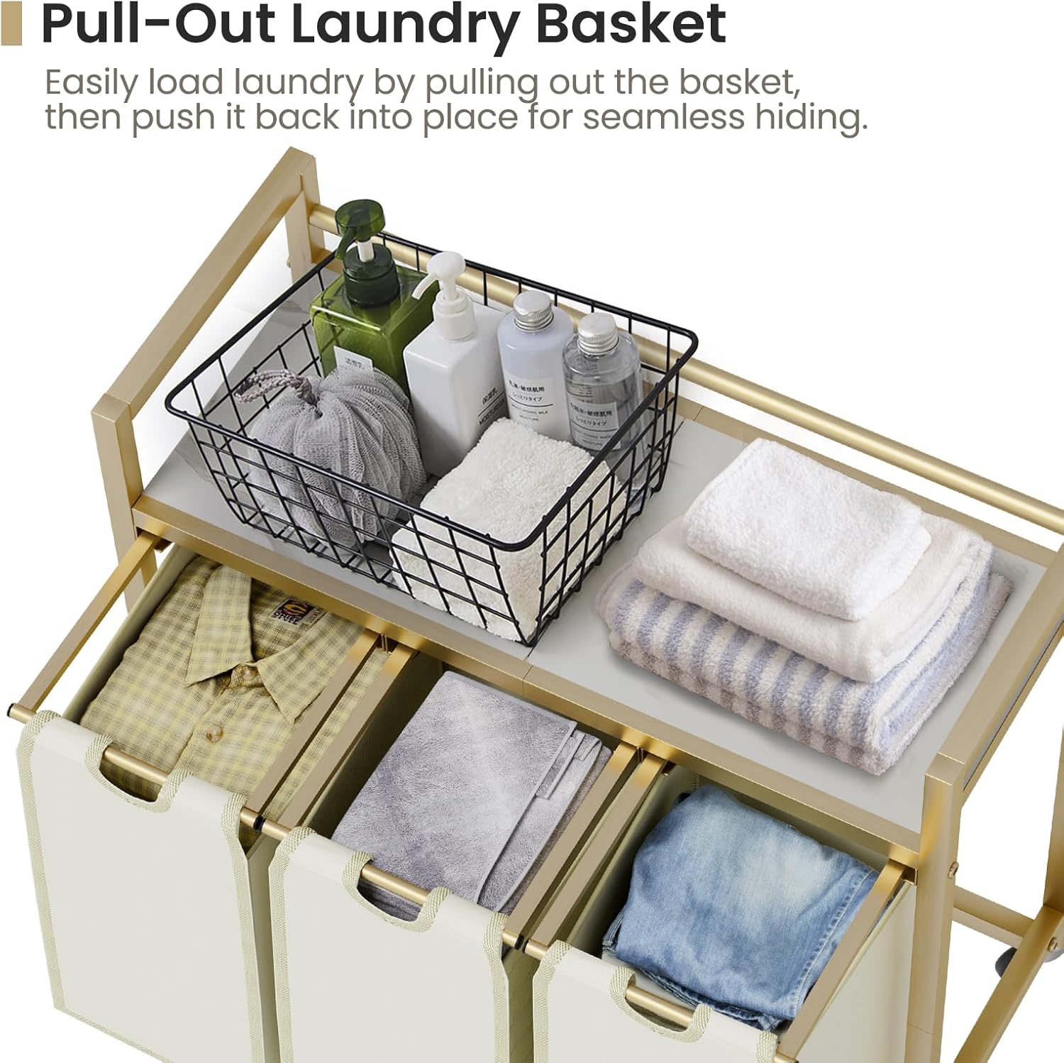 Laundry Hamper, Laundry Basket, Laundry Sorter with 3 Removable Bags, Clothes Basket with 3 Compartments, Wheels, Shelf for Laundry Room Bathroom Bedroom (3 Bags-Golden)
