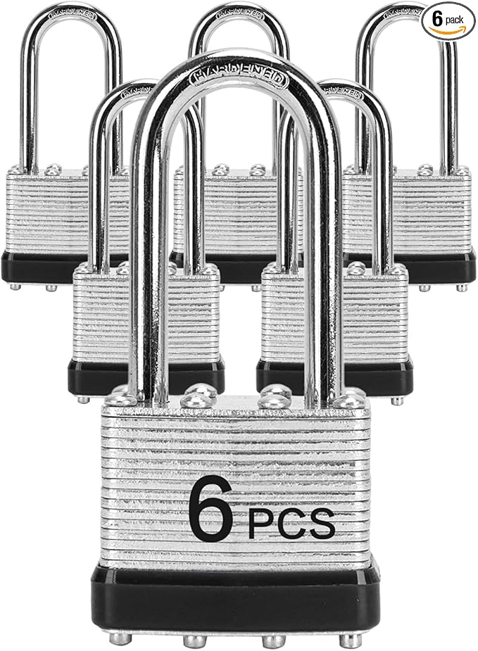 Padlocks with Same Key, LQYN 6 Pcs Laminated Keyed Padlock (1-9/16", 40mm), Keyed Alike Locks, Long Shackle, for Storage Locker, Hasp Latch, Toolbox, Sheds