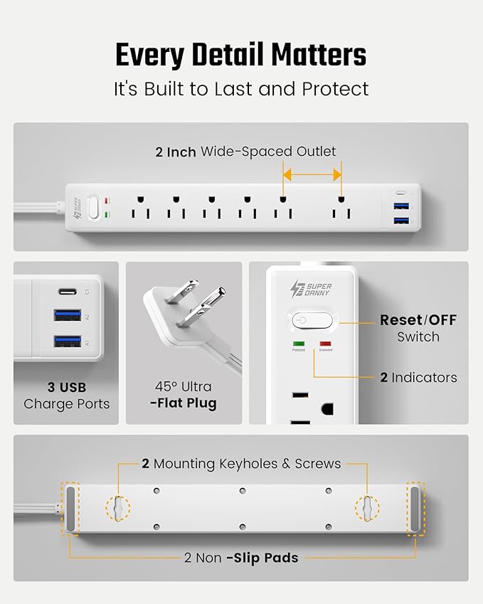 20Ft Long Extension Cord, Flat Plug Power Strip with 6 Outlets & 3 USB Ports (1 USB-C), Wall Mountable Surge Protector, White Power Bar for Home Office, College Dorm Room Essentials