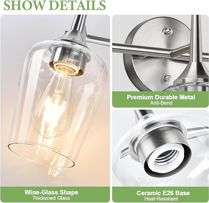 3-Light Bathroom Light Fixtures, 19.5 in Brushed Nickle Vanity Lights for Bathroom with Clear Glass, Bathroom Lighting Fixtures Over Mirror, Modern Wall lamp for Cabinet Hallway