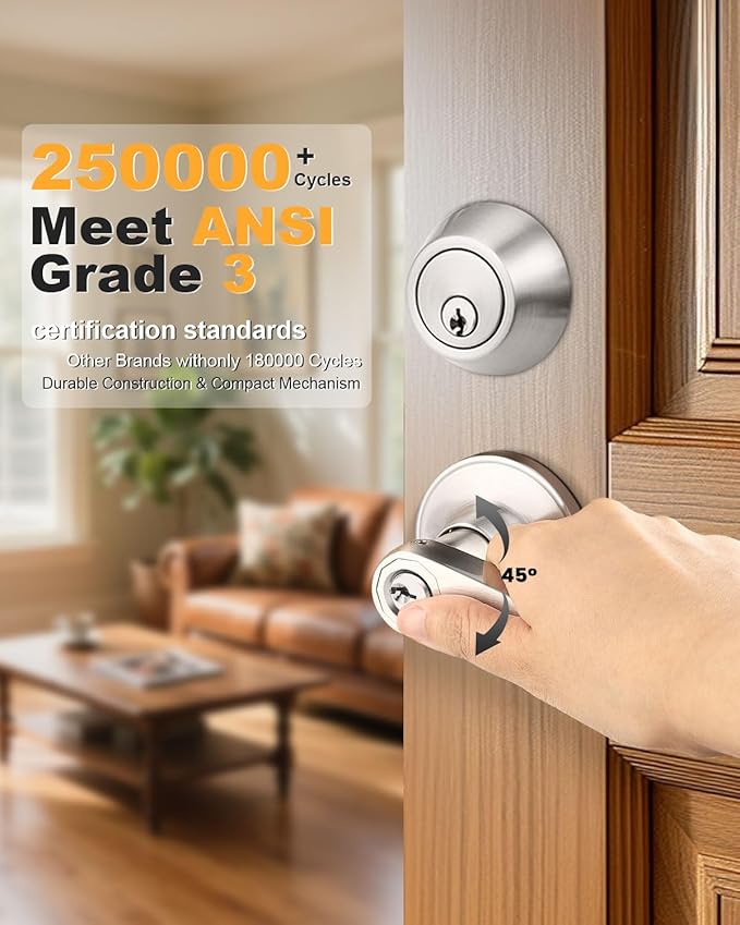 Keyed Alike Front Door Exterior Door Lever Lockset with Single Cylinder Deadbolt Combination Set, Door Knob with Lock and Deadbolt, Satin Nickel Finished, 1Pack