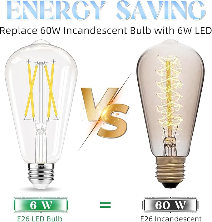 Edison Bulbs, E26 LED Bulb 60 watt Equivalent, Non-Dimmable, 4000K Daylight White, ST58 Vintage Light Bulbs, 90+ CRI, 6W 600LM, E26 Medium Base, Clear Glass, 6 Pack