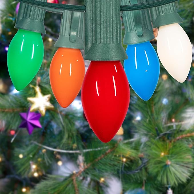 25 Pack Multicolor C7 Christmas Lights Replacement Bulbs Vintage Ceramic Multi-Colored Light Bulbs for Christmas Tree & Indoor Outdoor Xmas Lights C7 Replacement Bulbs, E12 Base, 5W