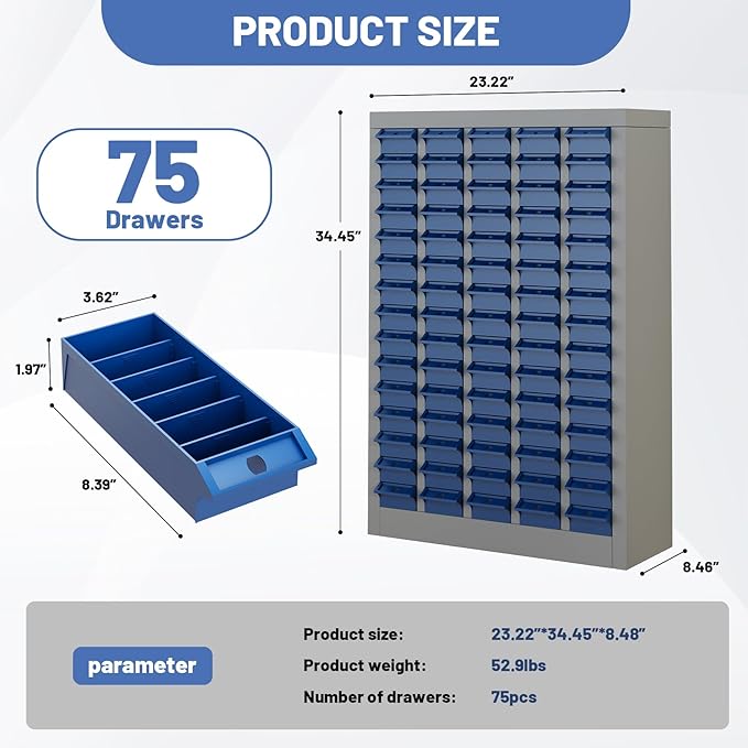 75-Drawer Parts Storage Cabinet, Multi-Purpose Organizer for Screws, Bolts, Nails, Craft Supplies, Legos, Tools, Compact Plastic Drawer Unit,Hardware Organizer for Garage, Workshop, Classroom