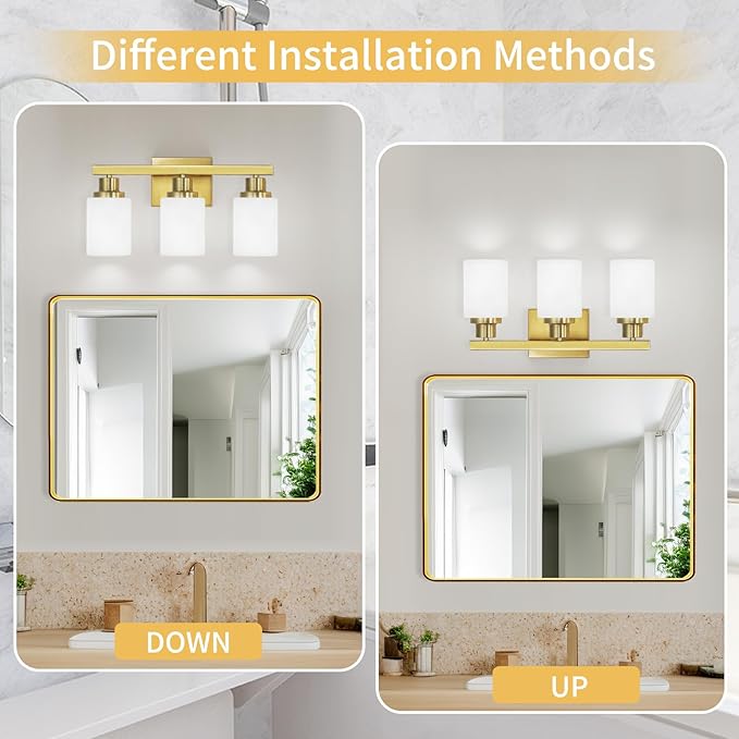 3-Light Gold Bathroom Light Fixtures, Modern Vanity Light with Milky White Glass Shade, Gold Wall Lamp Sconces for Mirror, Bedroom, Living Room, Hallway