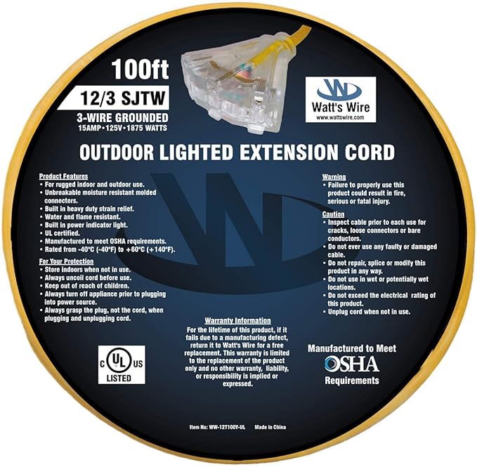 Outdoor Extension Cord Waterproof (100 ft) 12 Gauge Heavy Duty Extension Cord Splitter - Lighted Outdoor Extension Cords with Multiple Outlets - Watts Wire - 100' Grounded - extensiones electricas