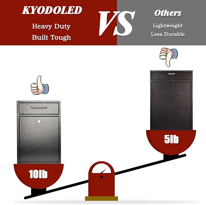 KYODOLED Steel Key Lock Mail Boxes Outdoor, Locking Wall Mount Mailbox, Security Lock Drop Box, Collection Boxes,16.2H x 11.22L x 4.72W Inches, Black X Large