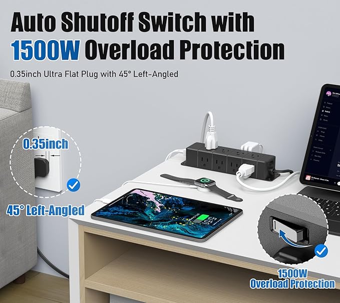 45W USB-C Fast Charging Under Desk Power Strip,12 Outlet Mountable Power Strip with 4 USB,1200J Surge Protection,10FT Flat Extension Cord Black