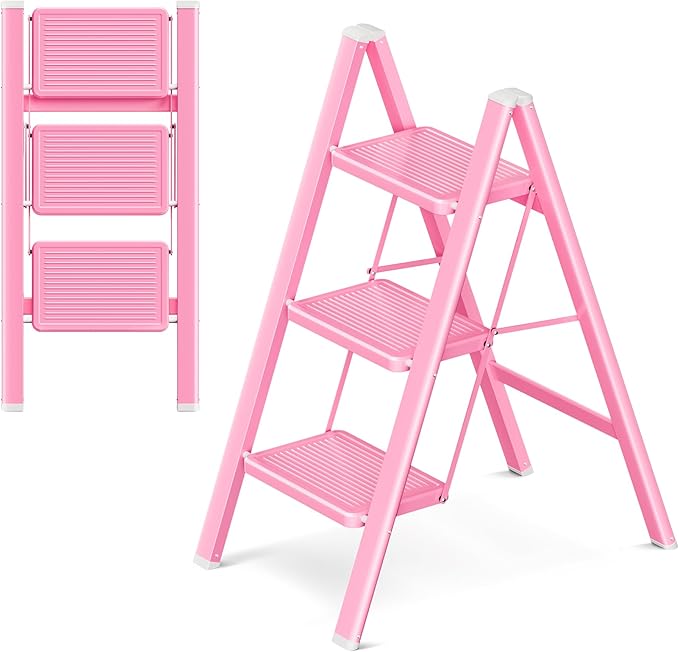 GameGem Pink Step Ladder 3 Step Folding, Small Step Stool for Women to Reach Higher Places, Widen 7.9Inch Pedal for Comfortable Use, Anti-Slip Foot for Safe Use, Sturdy and Fold Thin, 330Lbs Load