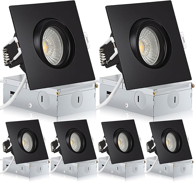 Square Black Recessed Lighting 3 Inch 6 Pack, Ajustable Eyeball recessed Light with Junction Box,5 Color Selectable,Airtight,9W 750LM,Dimmable,Black