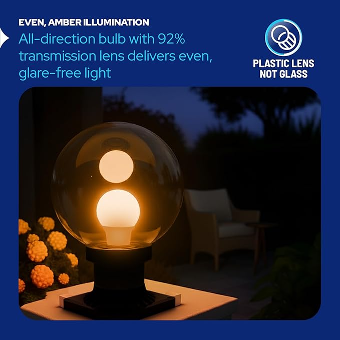 KastLite 590nm Amber LED Pier Mount Globe Light - Sea Turtle Friendly Outdoor Fixture - 7.5W Wildlife Safe Lighting for Coastal Porch Garden & Dock Use - Made in USA - Clear Acrylic Lens, Black Base