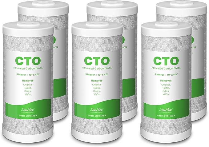 SimPure 10" x 4.5" CTO Carbon Block Water Filter 5 Micron Whole House Water Filter Cartridges (6 Pack)