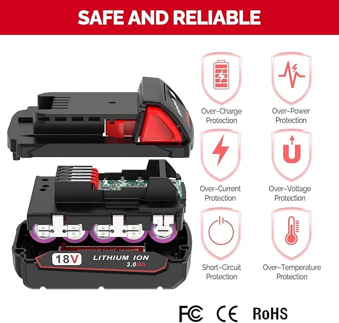 3.0Ah Replacement Battery for Milwaukee M18 Battery 48-11-1850 48-11-1852 48-11-1830, Compatible with Milwaukee 18V Battery Cordless Power Tools