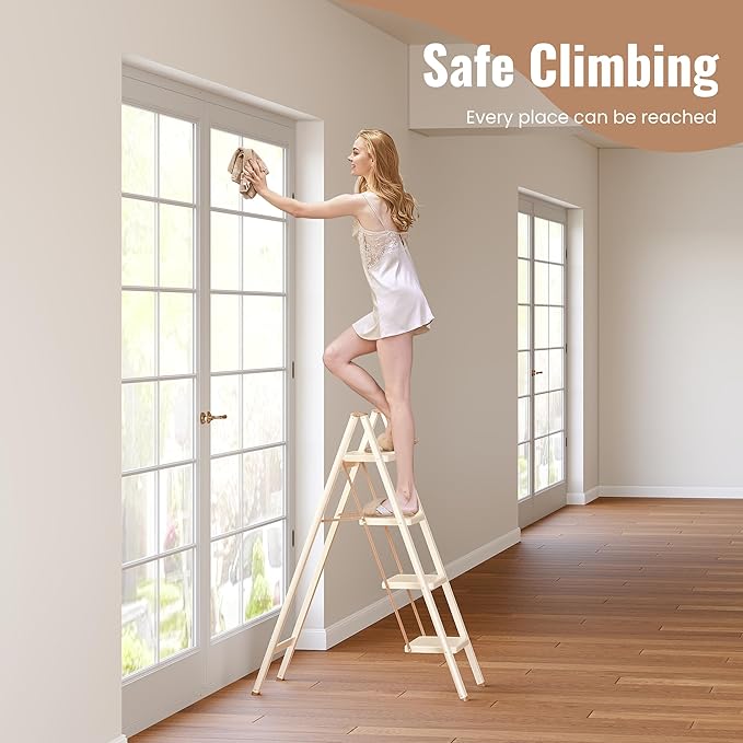 GameGem 4 Step Ladder, 4 Step Stool for Adults, Folding Step Ladder with Secure Footing, Widened Pedal, Aesthetically Pleasing Looking, Blends Right into Domestic Rooms, Cream Chocolate