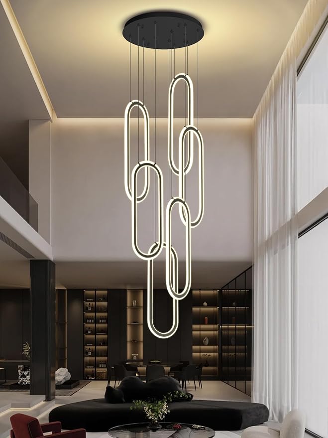 Flashing God Modern Chandelier,Black Chandeliers with 6 Ring Led Foyer Chandeliers,Larger High Ceiling Chandelier for Living Room,Rectangle Chandelier for Entryway Staircase LED Dimming 2700k-6000k