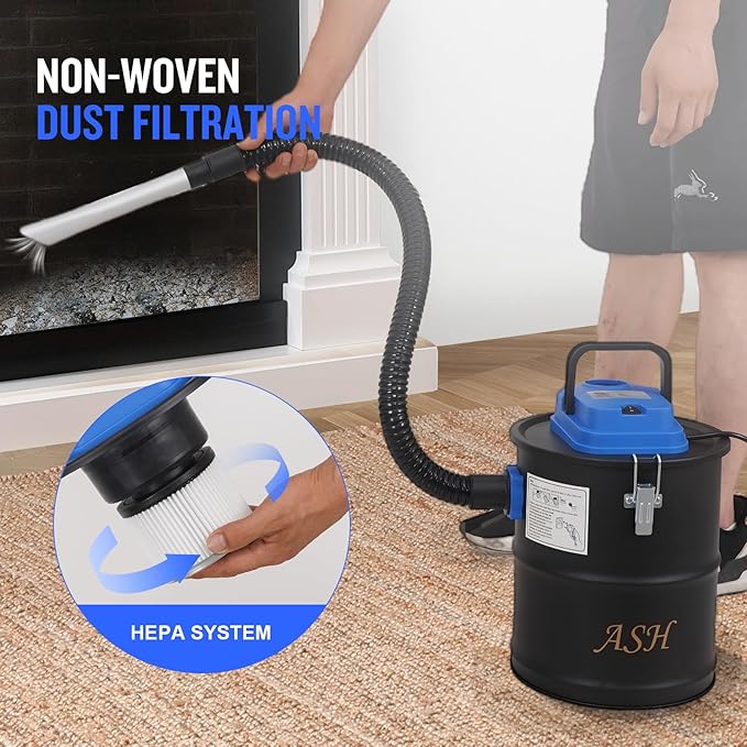 Ash Vacuum Cleaner -3.2 Gallon Fireplace Ash Vac with 800w Powerful Hose Non-Woven Dust Separator | Dry Stove Vacuum for Fireplaces Pellet Grill Wood Stove Fire Pits Blue