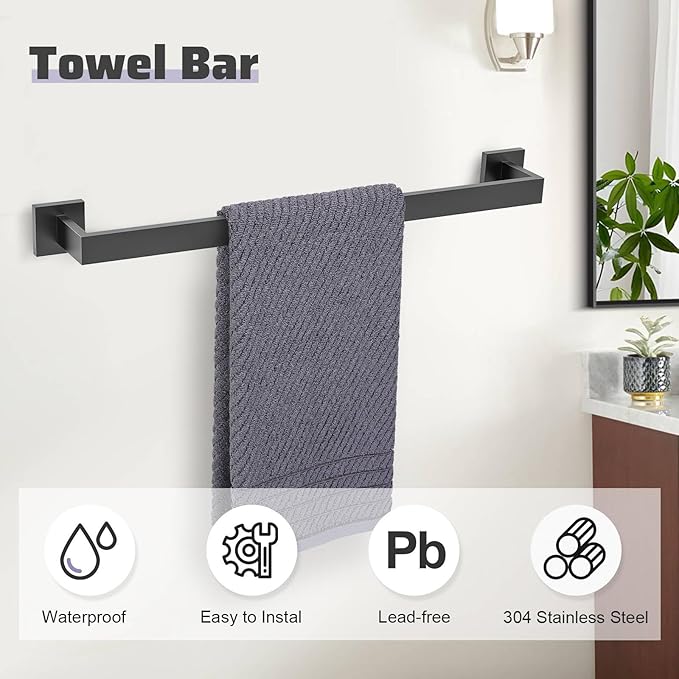 TNOMS Matte Black Towel Bar Set 5-Piece Bathroom Hardware Accessories Set,23.6 Inch Modern Towel Holder Set SUS304 Stainless Steel Towel Rack Set for Bathroom,Wall-Mounted