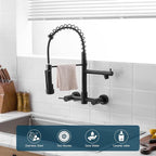 AIMADI Black Wall Mount Kitchen Faucet with Pull Down Sprayer Pot Filler | Matte Black Commercial Style Dual Handle Sink Faucet Spring Design for Kitchen