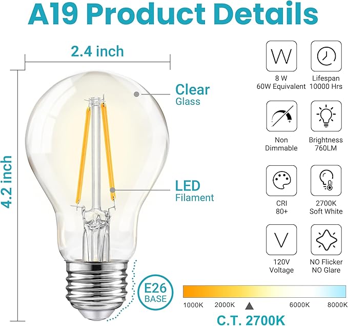 TJOY 12 Pack A19 Vintage LED Edison Bulbs, Non-Dimmable, 60W Equivalent, High Brightness 2700K Warm White, 8W E26 Standard Base, 760 Lumens, CRI80+, Clear Glass Filament Bulb for Home, Farmhouse