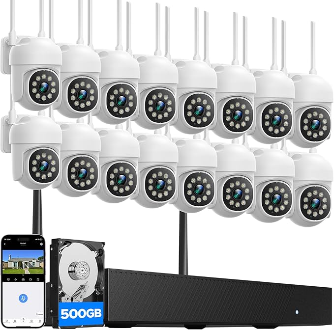 CAMCAMP Home Security Camera System, 16CH 4K NVR, 16PC PTZ WiFi Security Cameras Wireless Outdoor, Need Plug Charge, Auto Human Tracking, 2 Way Audio, 3 Night Vision, CCTV Surveillance Kit(16, White)
