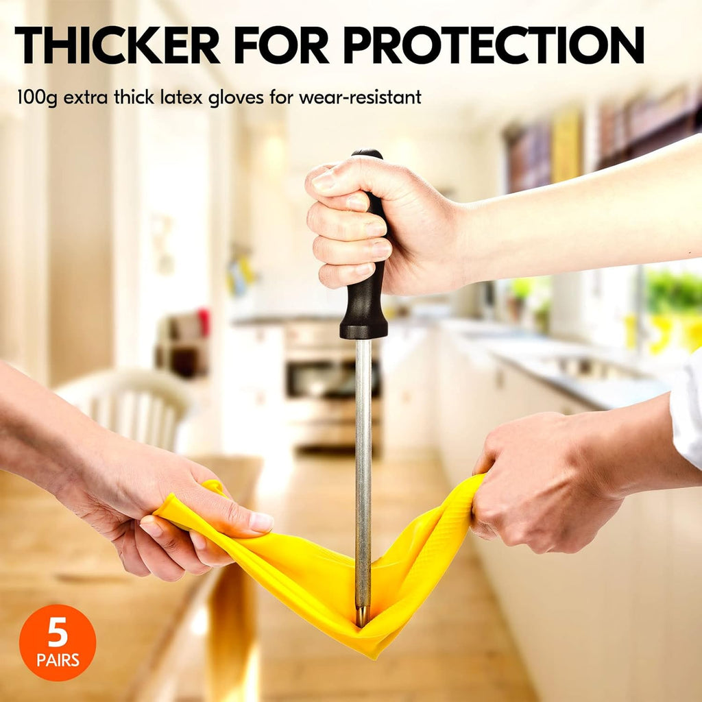 Vgo... 5-Pairs Reusable Household Gloves, Rubber Dishwashing gloves, Extra Thickness, Long Sleeves, Kitchen Cleaning, Working, Painting, Gardening, Pet Care (Size M, Yellow, HH4601)