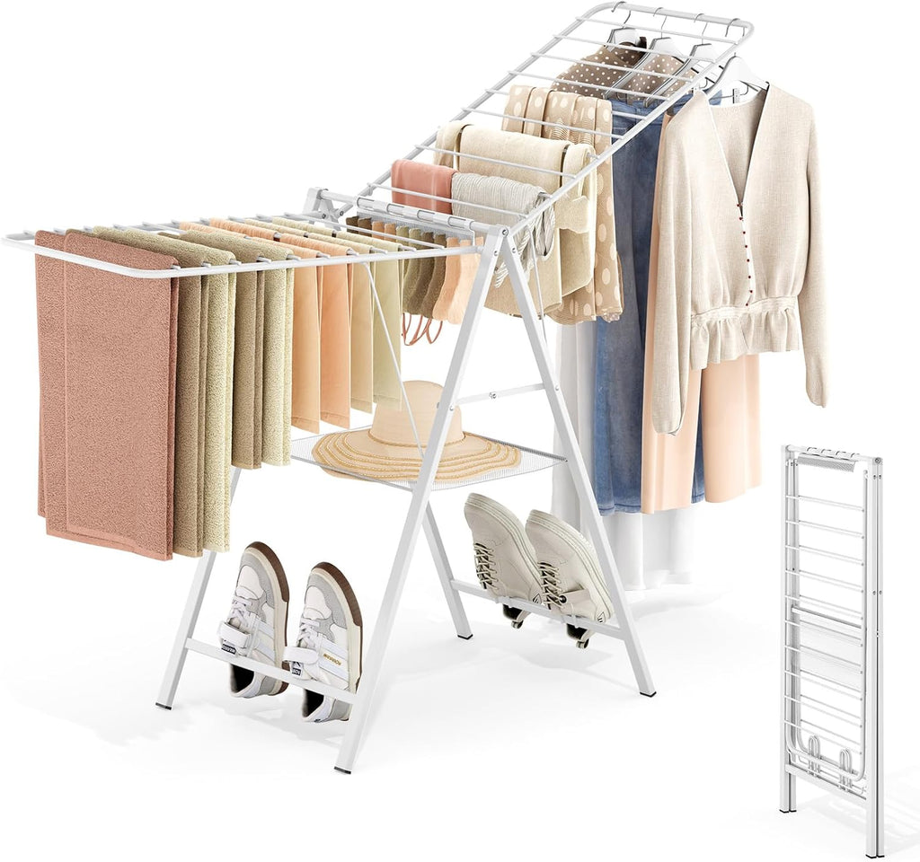 APEXCHASER Drying Rack for Clothing Foldable, Metal Laundry Rack Collapsible, Ultra Thin Gullwing Clothes Airer with Adjustable Height for Towel Baby Clothes Indoor Outdoor Laundry Room, White